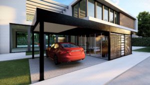 imagen de marquesinas de cubiertas y terrazas en una casa con un coche rojo aparcado